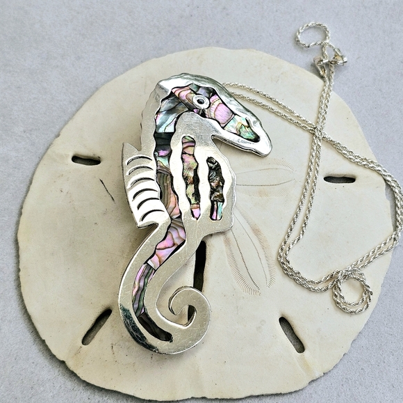 925 Alpaca Mexico Abalone Inlay Vintage Seahorse Pendant/Brooch Necklace - Picture 4 of 13